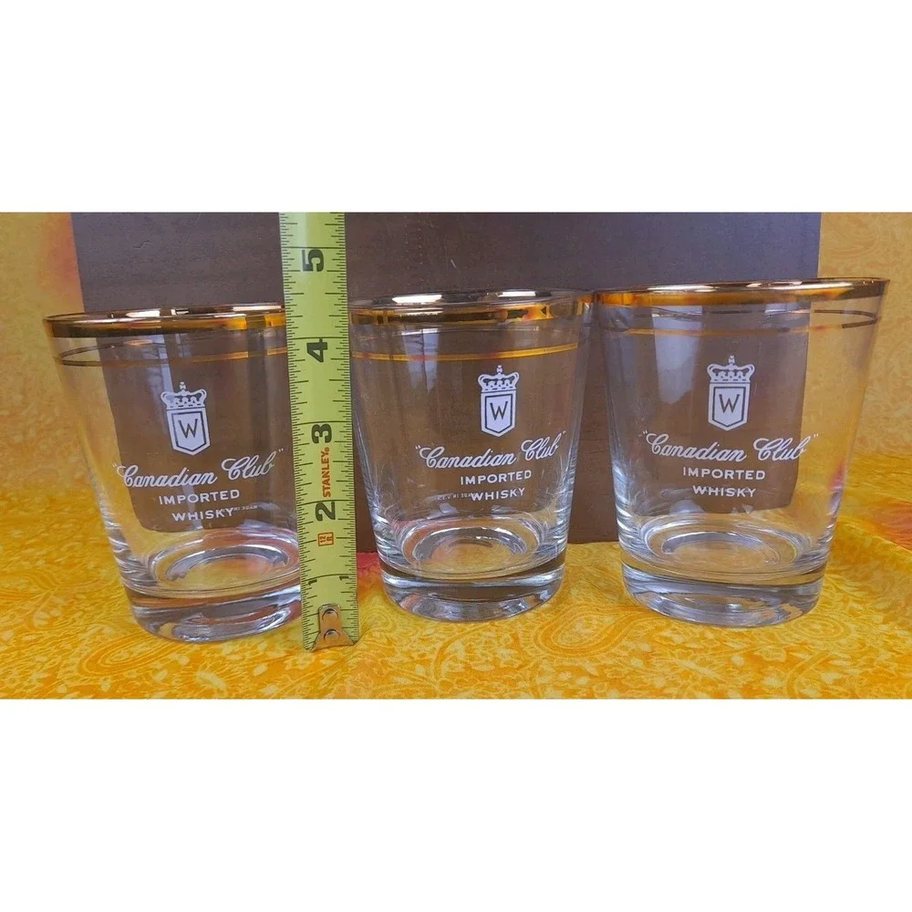 Set Of 3‎ Canadian Club Whisky Low Ball Gold Rim Rock Glasses - 4.25
